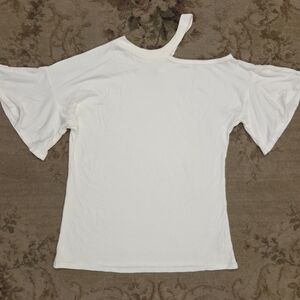 Magic Fit White Short Bell Sleeve Top Witb Shoulder Strap Accent Size Large